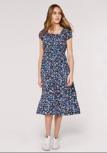 Load image into Gallery viewer, Apricot Floral Ditsy Milkmaid Midi Dress Navy
